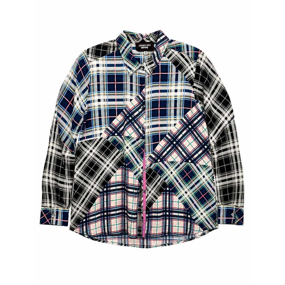 Johnny Was Silk Patchwork Shirt Sz Medium Idora Blue Plaid Long Sleeve Button Up